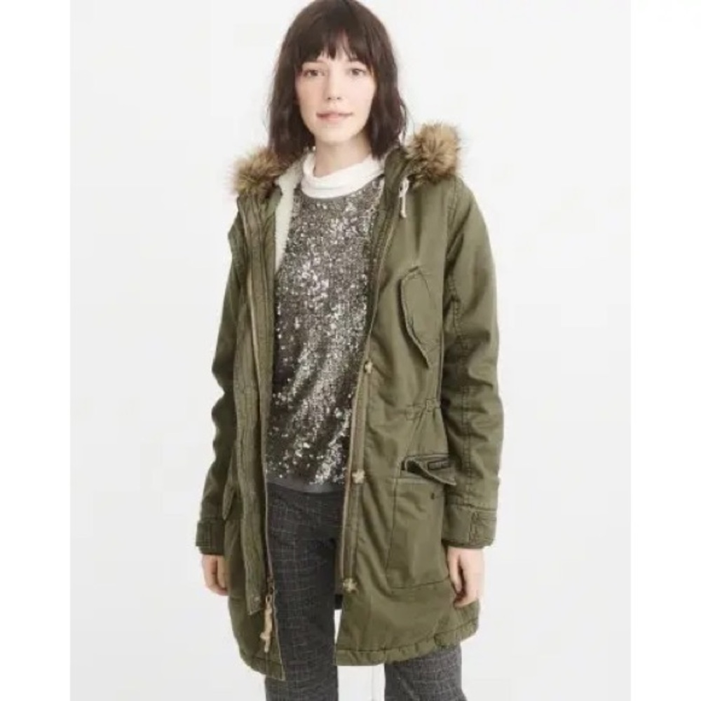 Abercrombie & Fitch Olive Utility Parka with Faux-Fur Hood